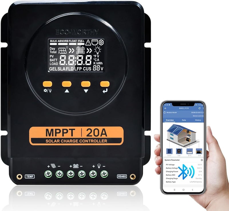 ECO-WORTHY MPPT Solar Charge Controller 12V/24V 20A,Bluetooth & APP Monitoring,LCD Display, Solar Panel Regulator for Gel,SLA,FLD,LFP Battery in Solar System,RV - Image 1